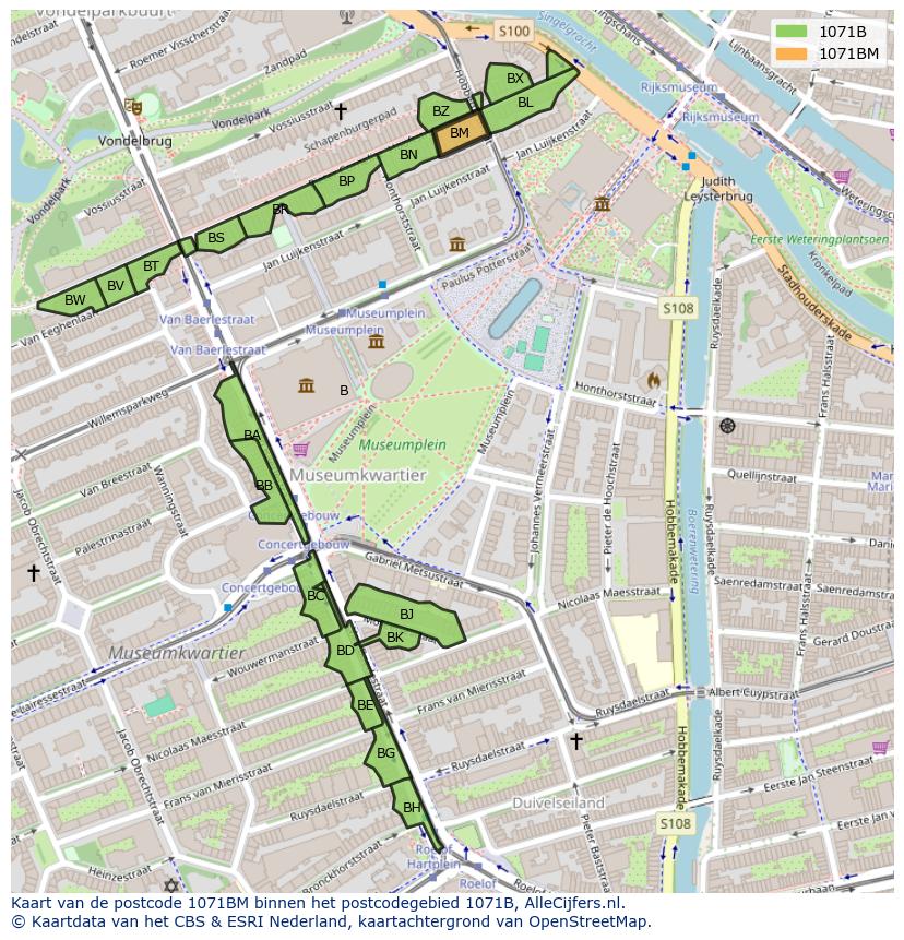 Afbeelding van het postcodegebied 1071 BM op de kaart.
