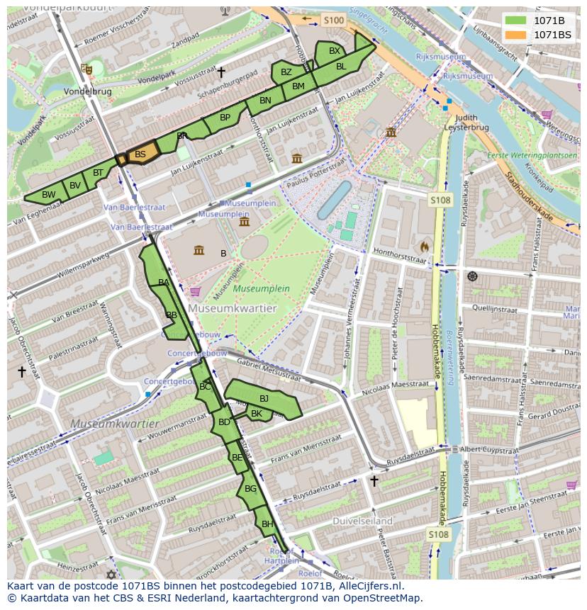 Afbeelding van het postcodegebied 1071 BS op de kaart.