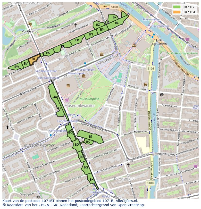 Afbeelding van het postcodegebied 1071 BT op de kaart.
