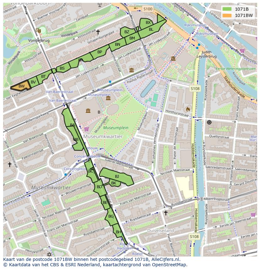 Afbeelding van het postcodegebied 1071 BW op de kaart.