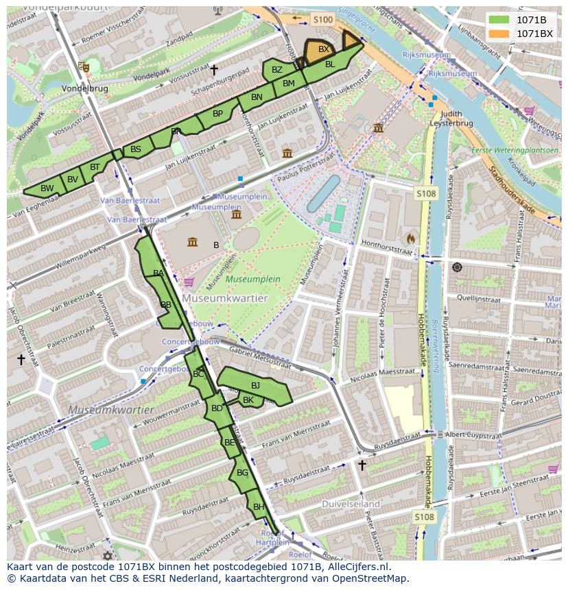 Afbeelding van het postcodegebied 1071 BX op de kaart.