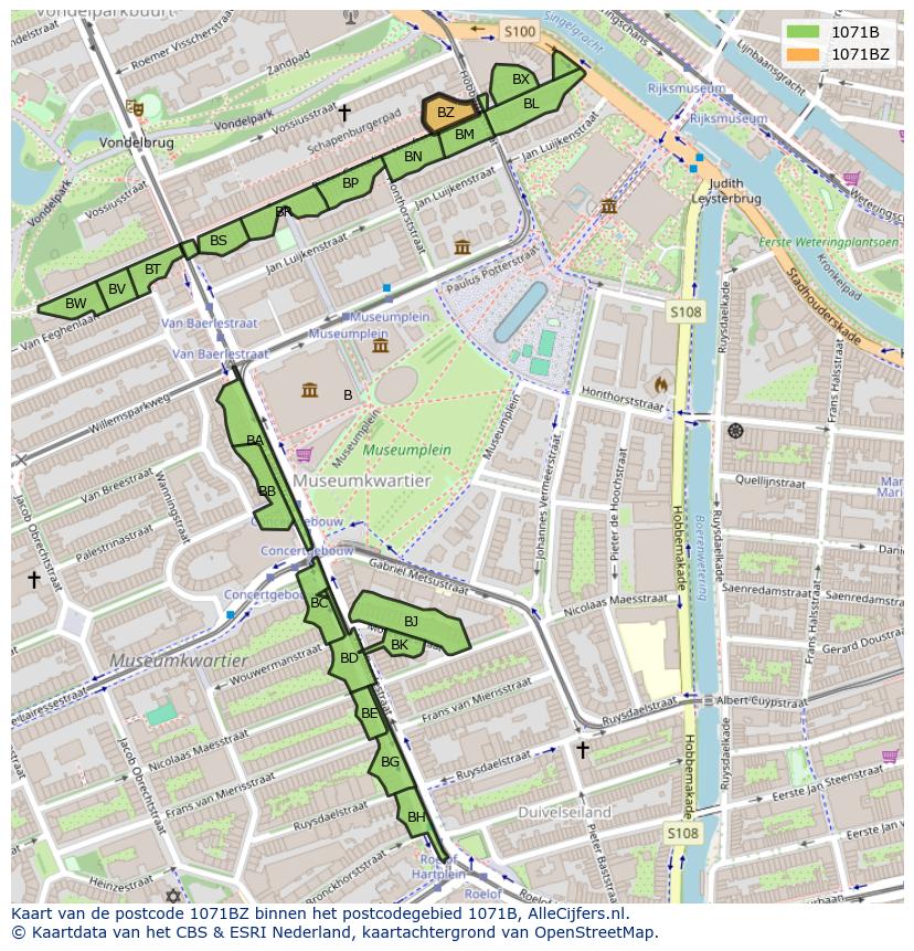 Afbeelding van het postcodegebied 1071 BZ op de kaart.