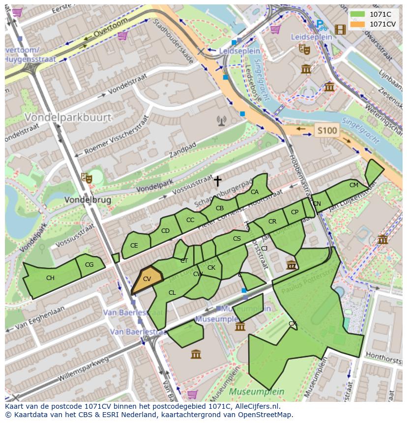 Afbeelding van het postcodegebied 1071 CV op de kaart.