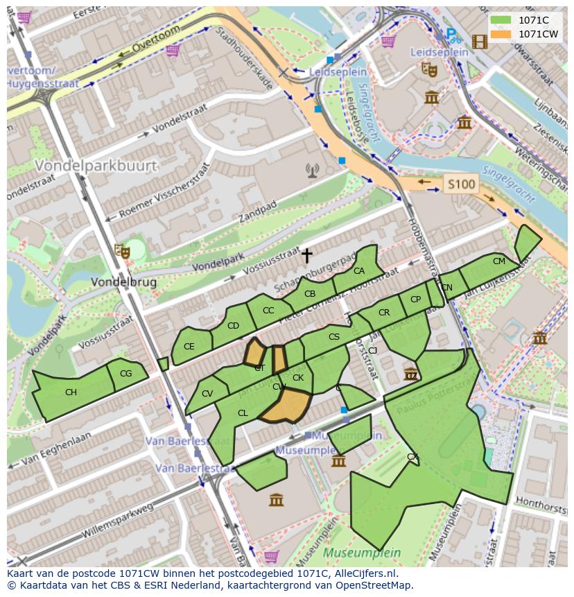 Afbeelding van het postcodegebied 1071 CW op de kaart.