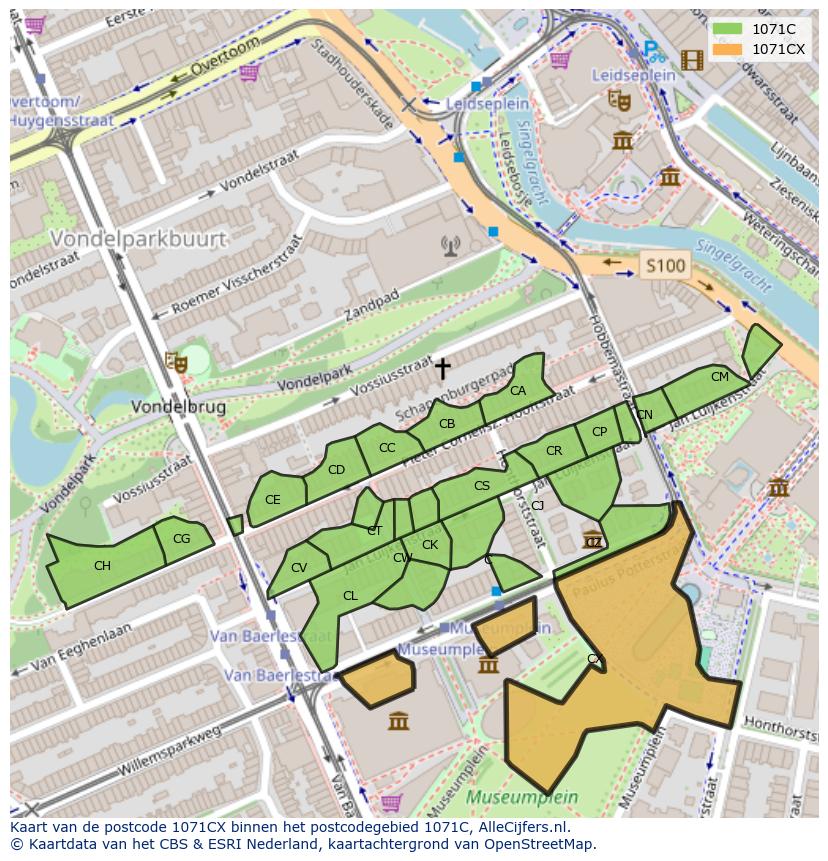 Afbeelding van het postcodegebied 1071 CX op de kaart.