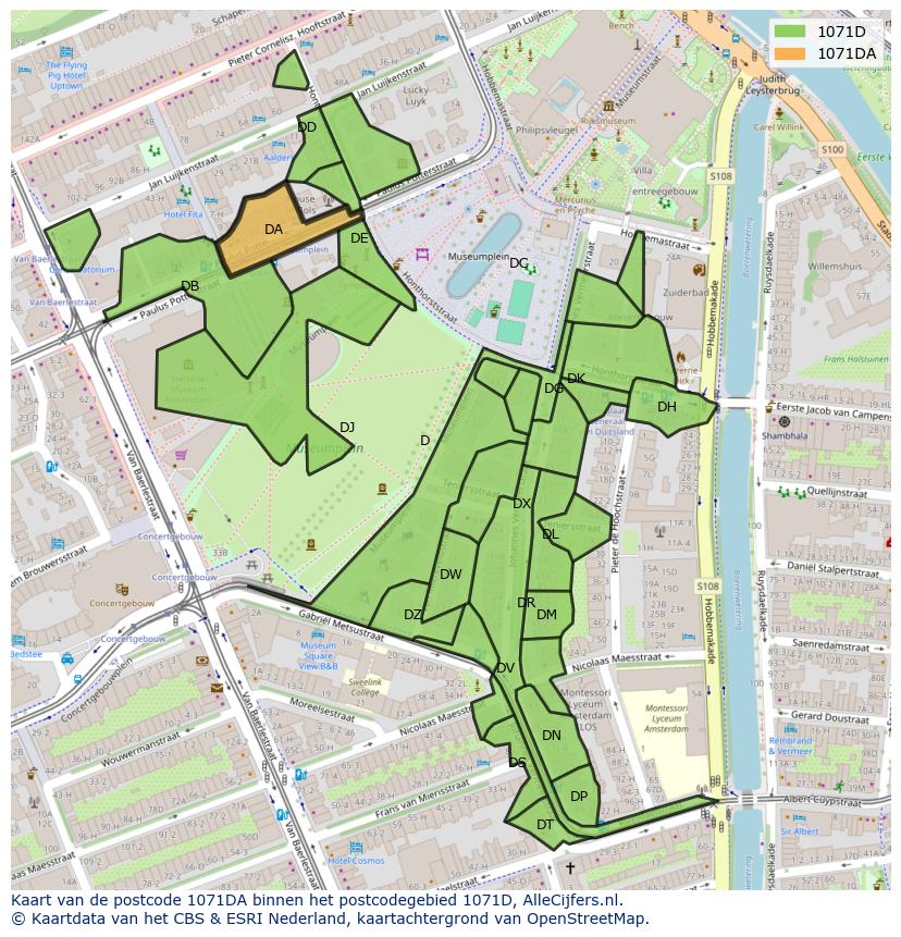 Afbeelding van het postcodegebied 1071 DA op de kaart.