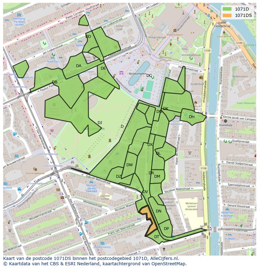 Afbeelding van het postcodegebied 1071 DS op de kaart.