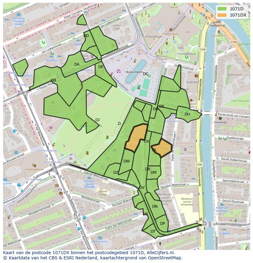 Afbeelding van het postcodegebied 1071 DX op de kaart.
