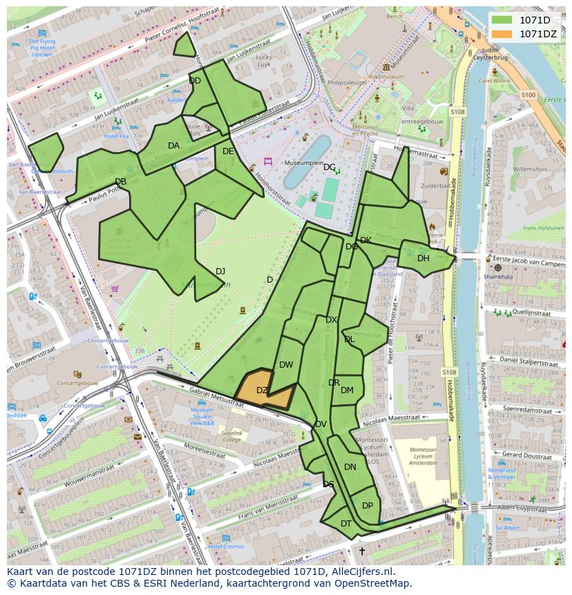 Afbeelding van het postcodegebied 1071 DZ op de kaart.