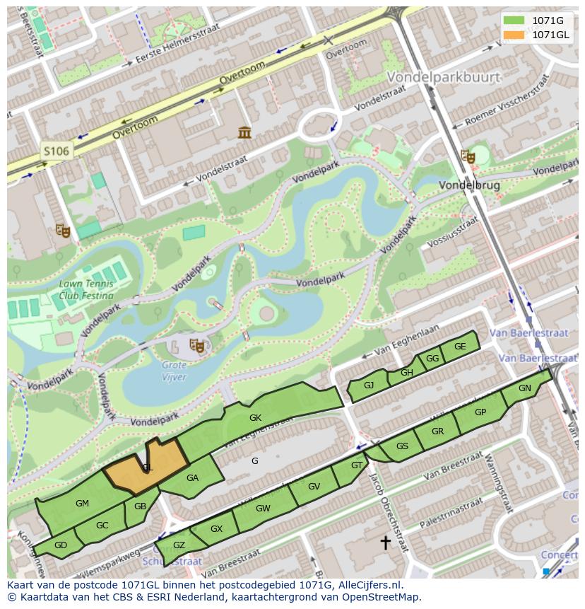 Afbeelding van het postcodegebied 1071 GL op de kaart.