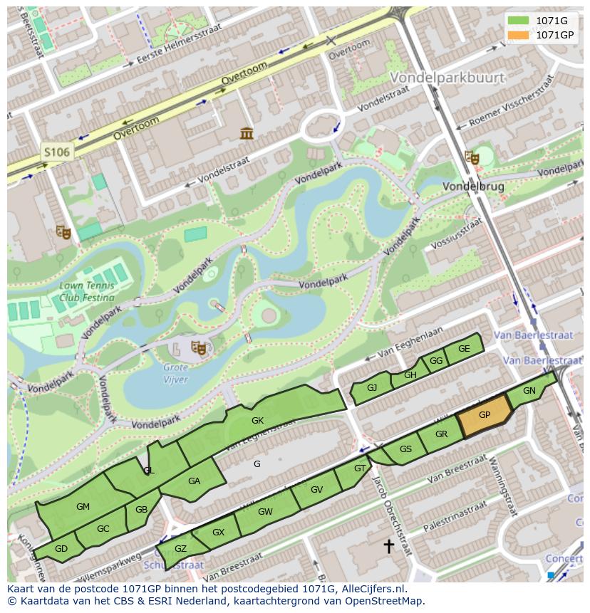 Afbeelding van het postcodegebied 1071 GP op de kaart.