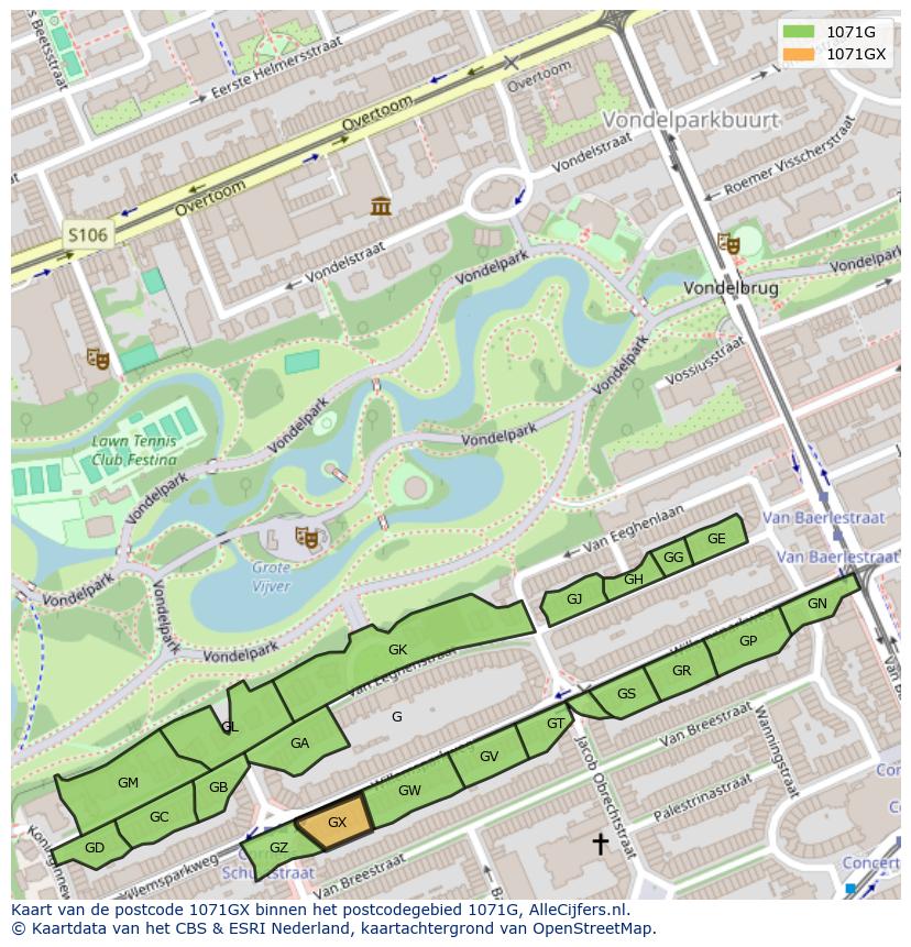 Afbeelding van het postcodegebied 1071 GX op de kaart.
