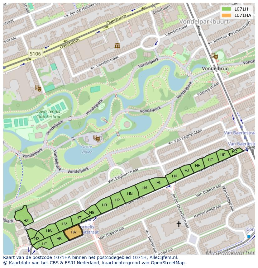 Afbeelding van het postcodegebied 1071 HA op de kaart.