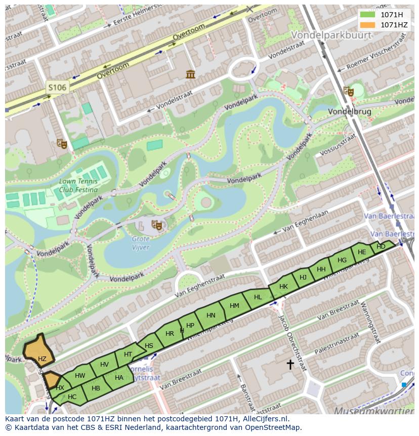 Afbeelding van het postcodegebied 1071 HZ op de kaart.