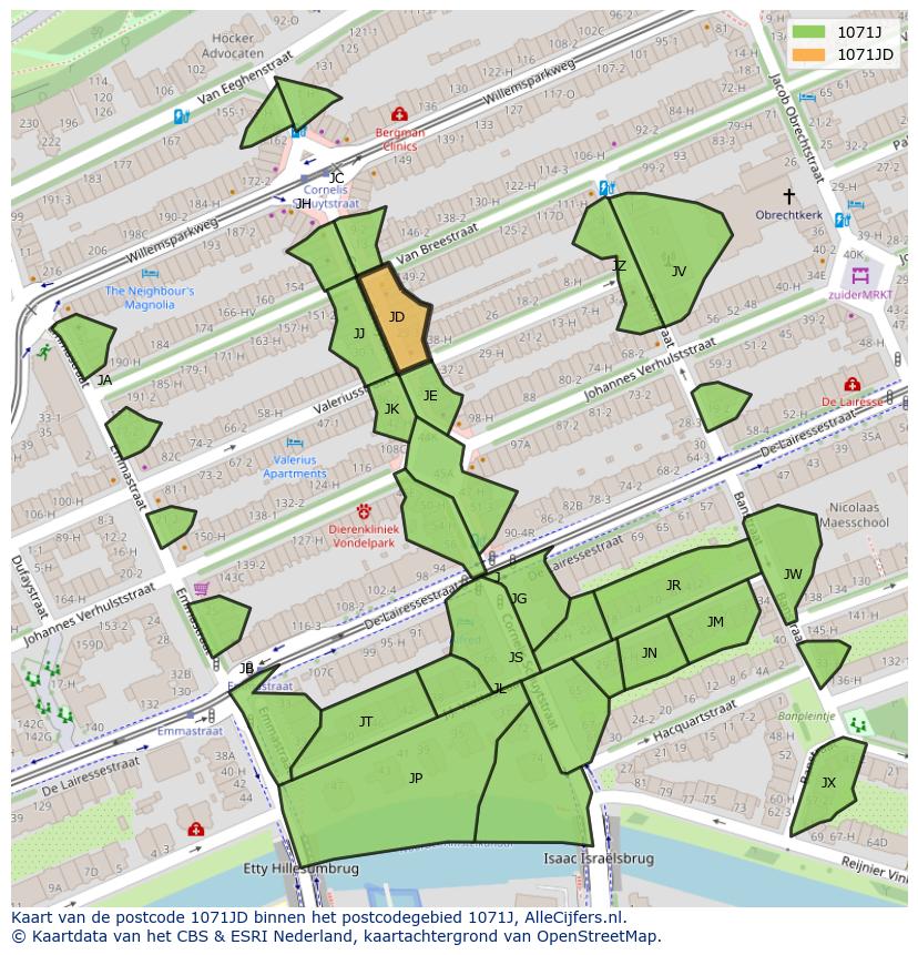 Afbeelding van het postcodegebied 1071 JD op de kaart.