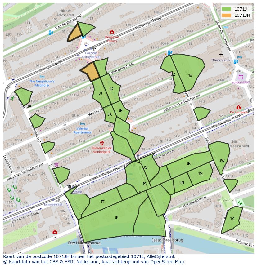 Afbeelding van het postcodegebied 1071 JH op de kaart.
