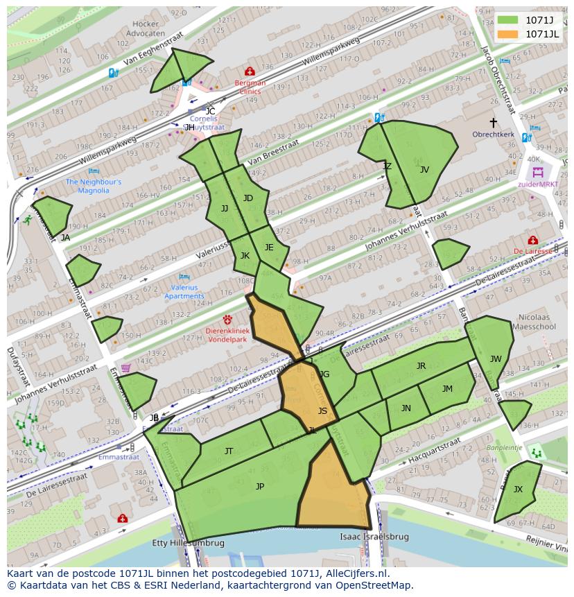 Afbeelding van het postcodegebied 1071 JL op de kaart.