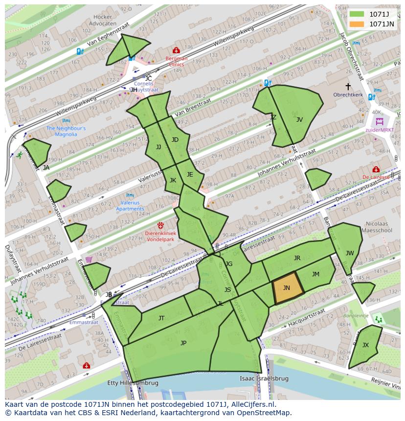 Afbeelding van het postcodegebied 1071 JN op de kaart.