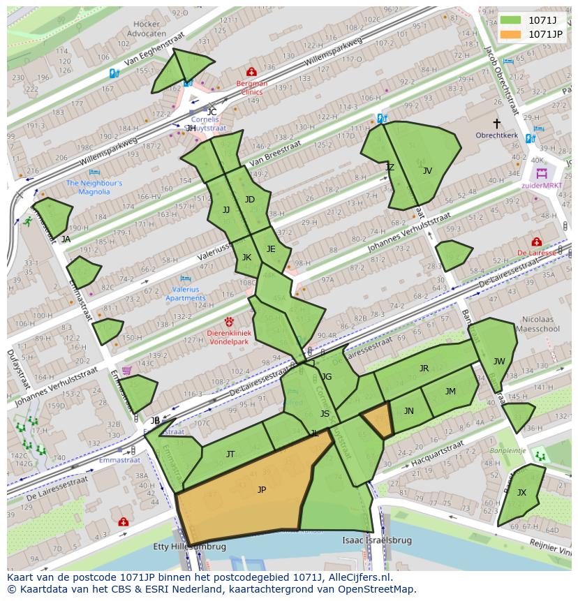 Afbeelding van het postcodegebied 1071 JP op de kaart.