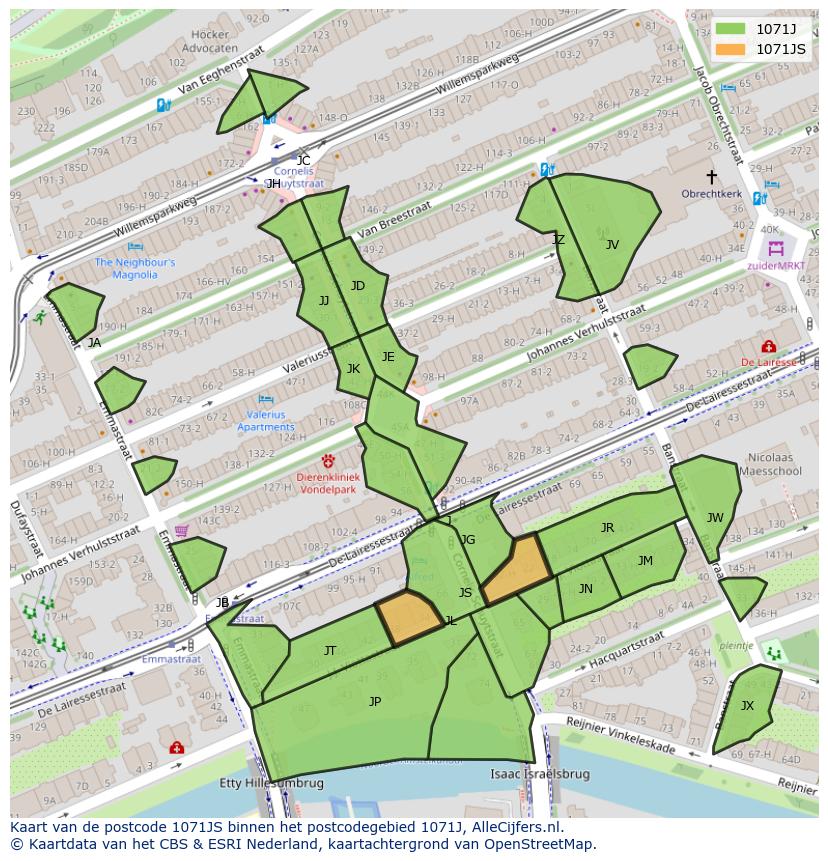 Afbeelding van het postcodegebied 1071 JS op de kaart.