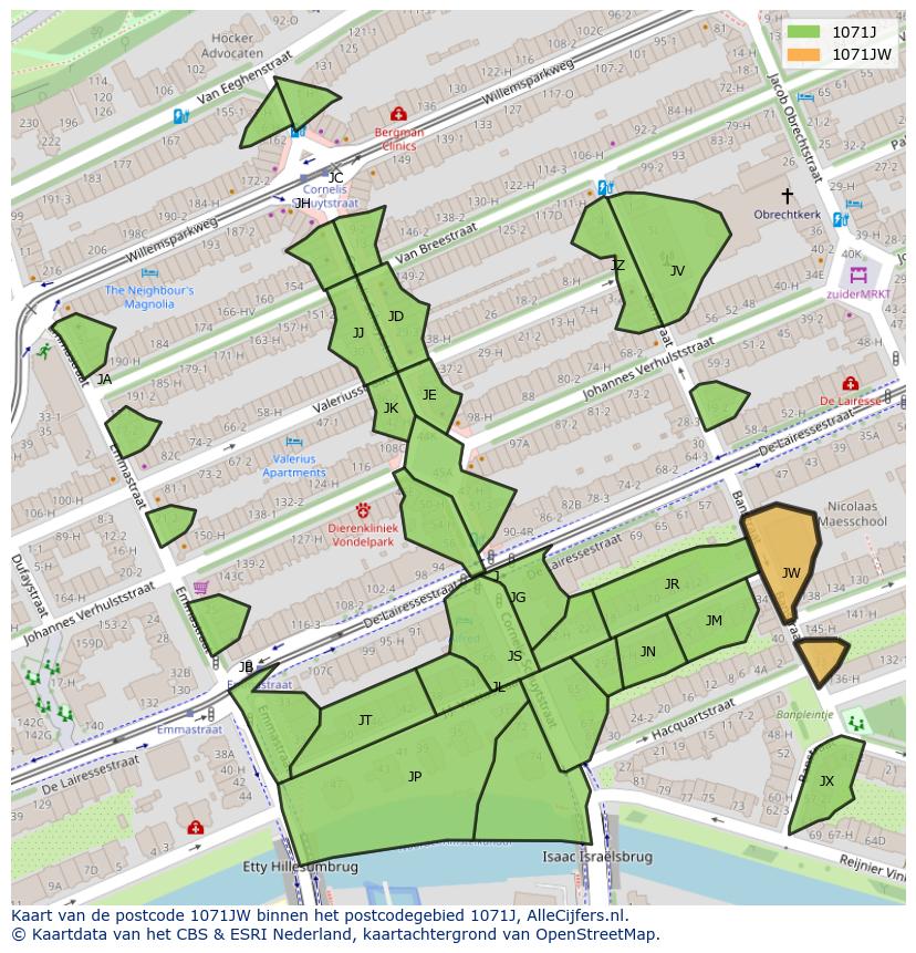 Afbeelding van het postcodegebied 1071 JW op de kaart.