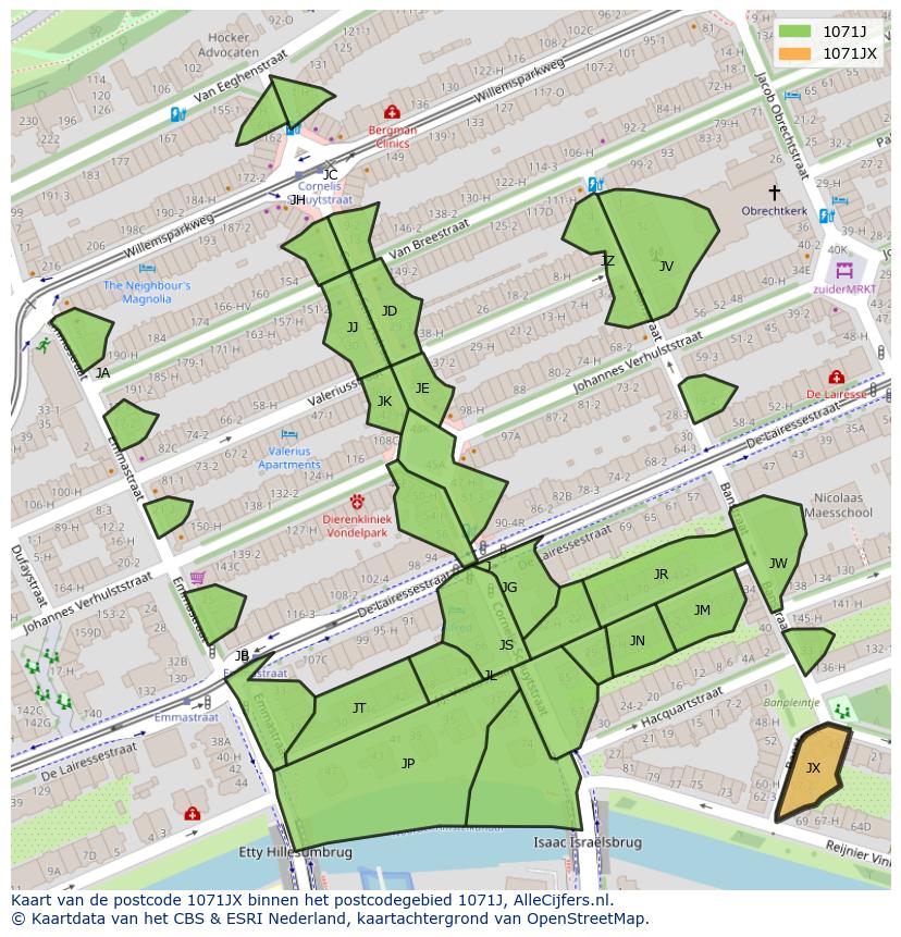 Afbeelding van het postcodegebied 1071 JX op de kaart.