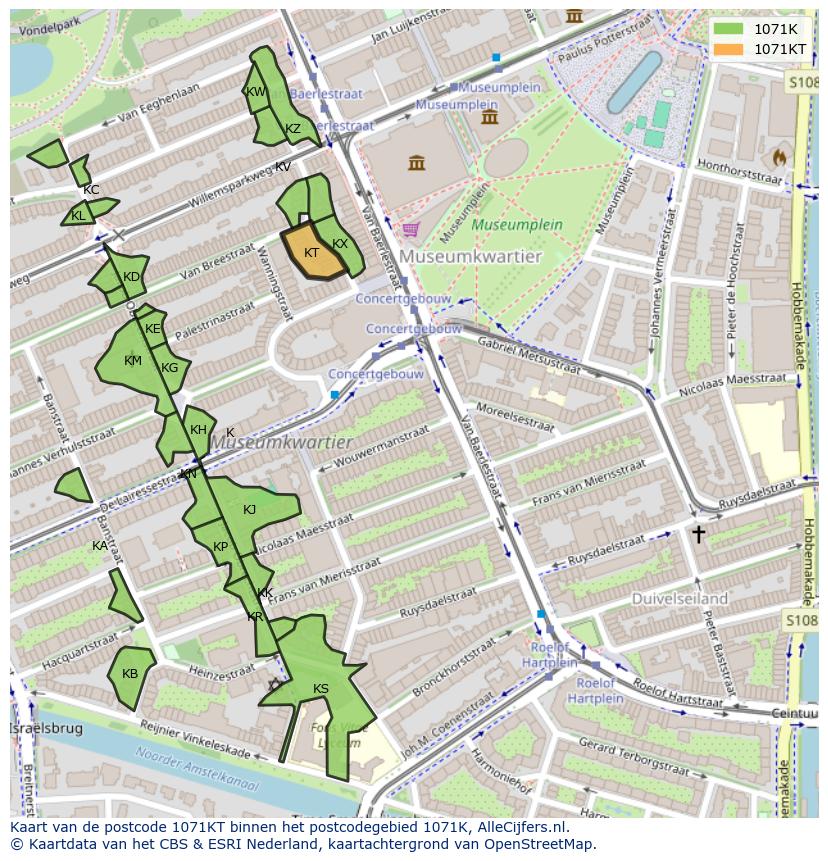 Afbeelding van het postcodegebied 1071 KT op de kaart.
