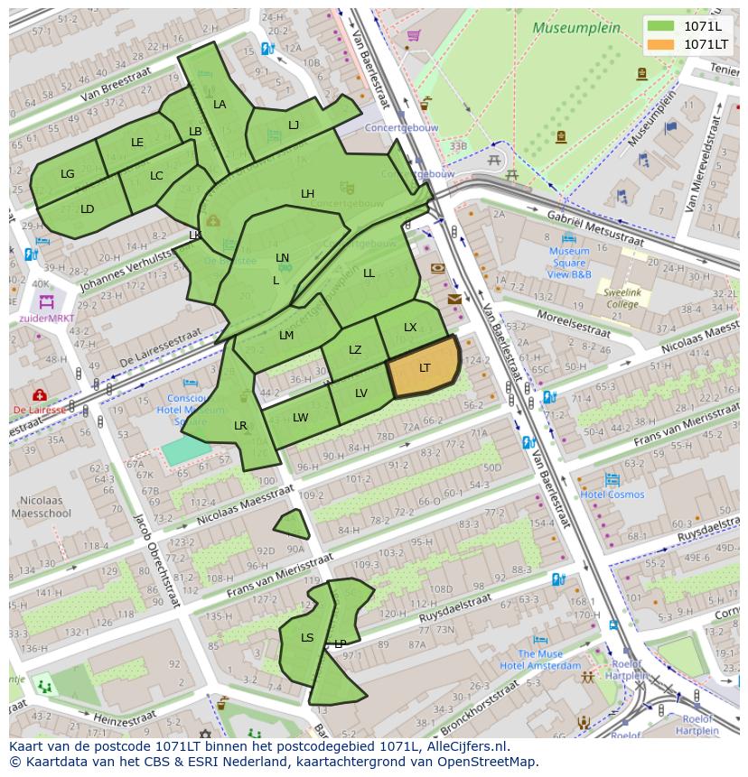 Afbeelding van het postcodegebied 1071 LT op de kaart.