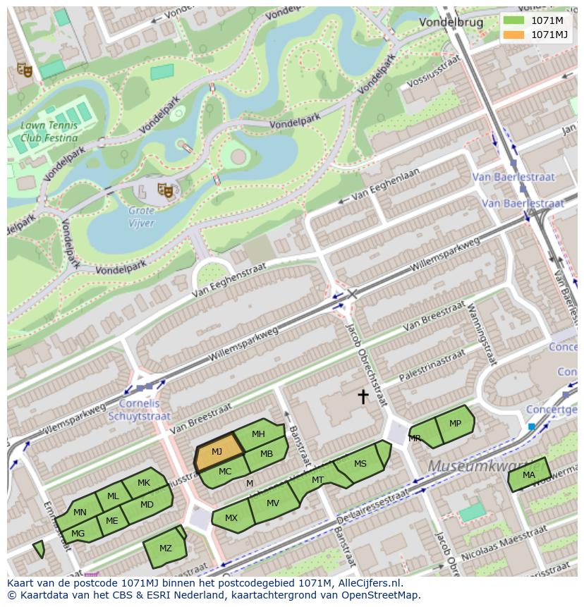 Afbeelding van het postcodegebied 1071 MJ op de kaart.