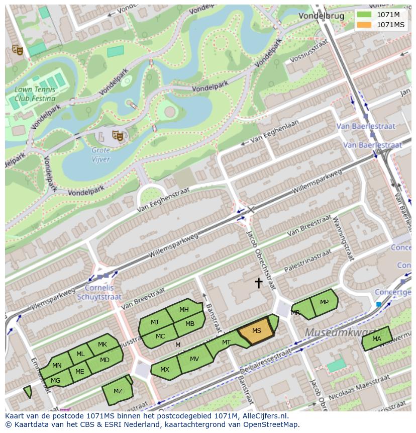 Afbeelding van het postcodegebied 1071 MS op de kaart.