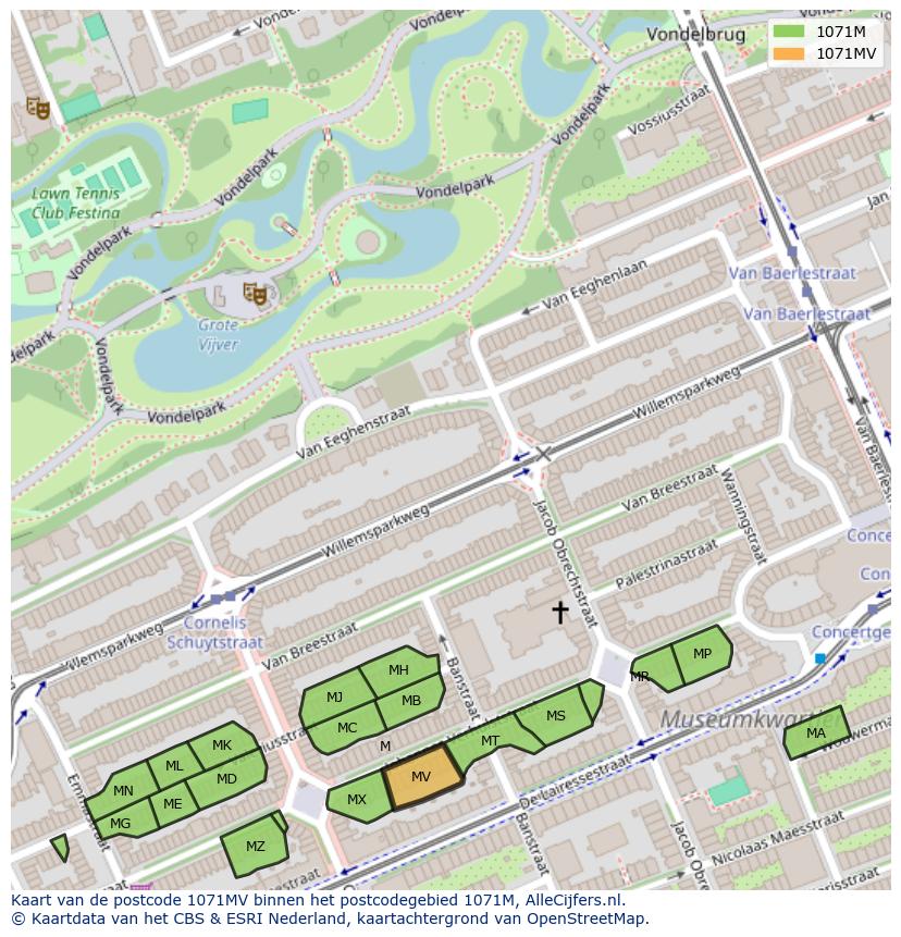 Afbeelding van het postcodegebied 1071 MV op de kaart.