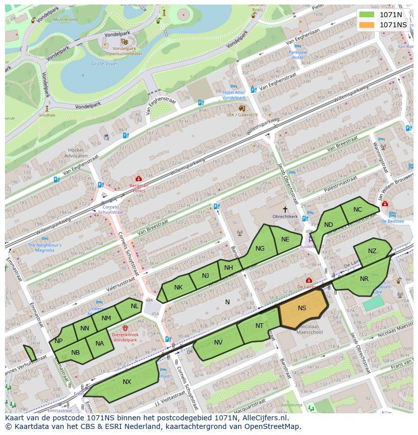 Afbeelding van het postcodegebied 1071 NS op de kaart.