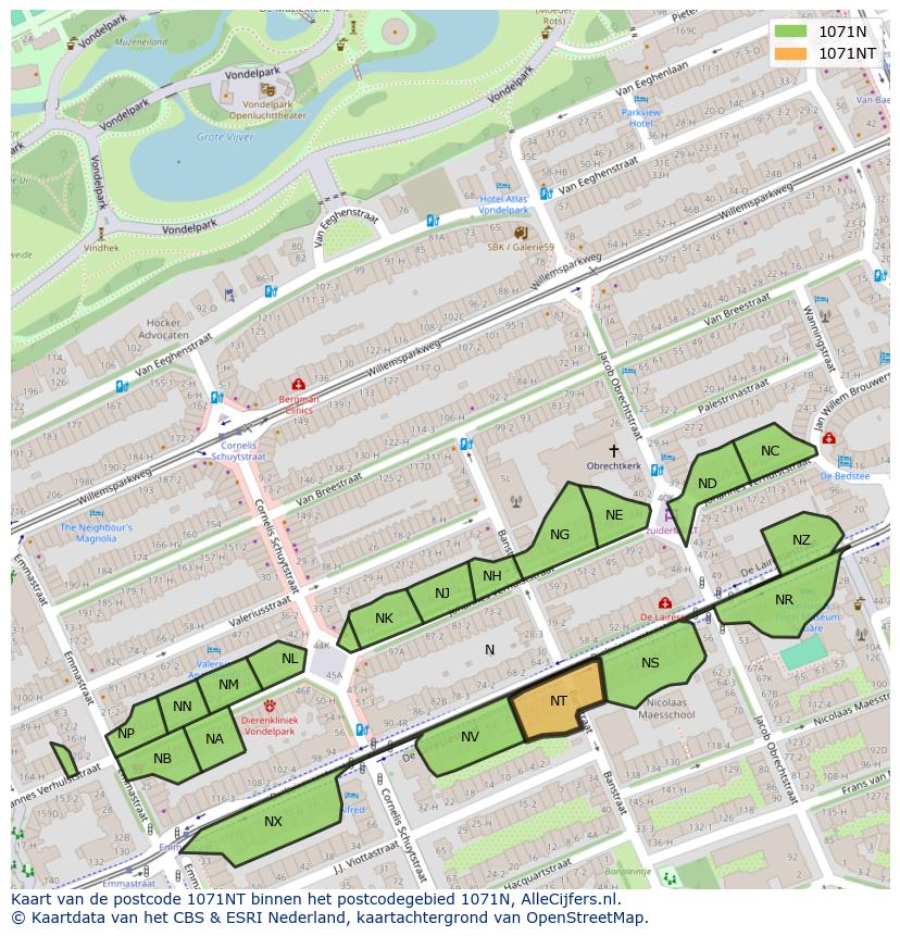 Afbeelding van het postcodegebied 1071 NT op de kaart.