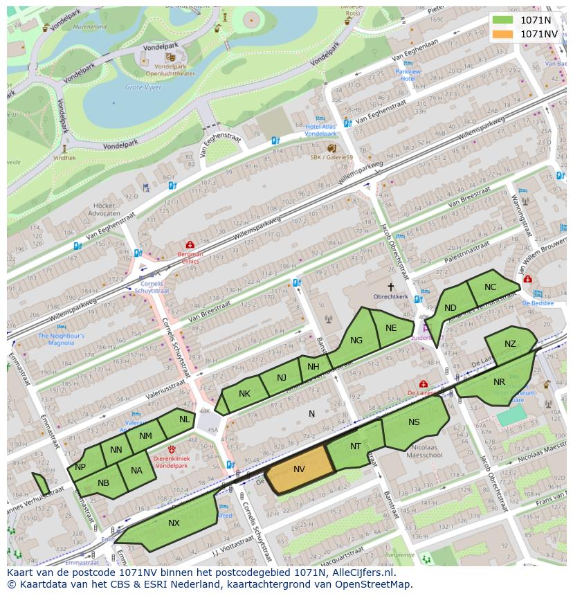 Afbeelding van het postcodegebied 1071 NV op de kaart.