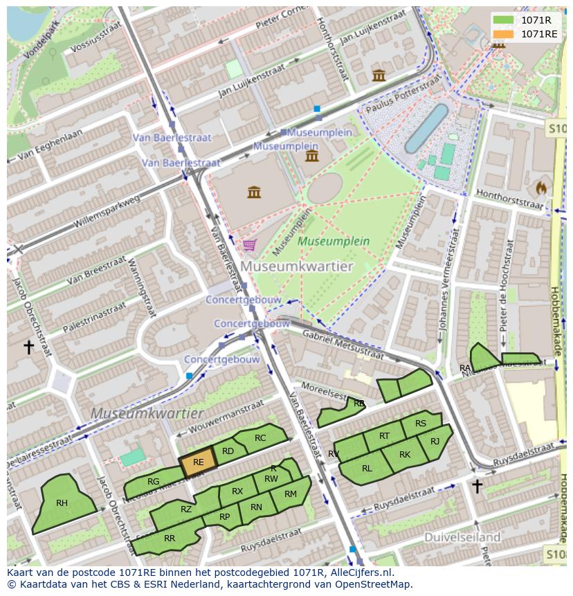 Afbeelding van het postcodegebied 1071 RE op de kaart.