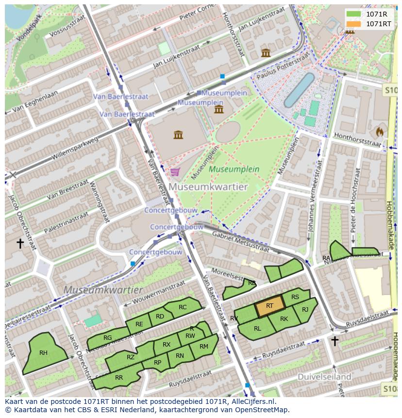 Afbeelding van het postcodegebied 1071 RT op de kaart.