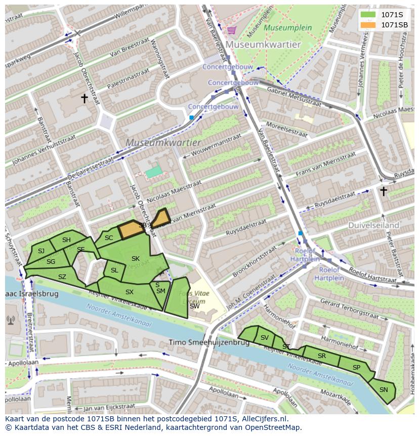 Afbeelding van het postcodegebied 1071 SB op de kaart.