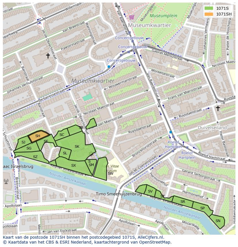 Afbeelding van het postcodegebied 1071 SH op de kaart.