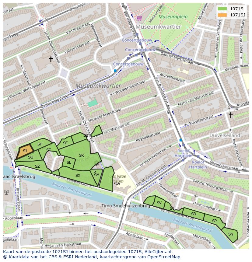 Afbeelding van het postcodegebied 1071 SJ op de kaart.