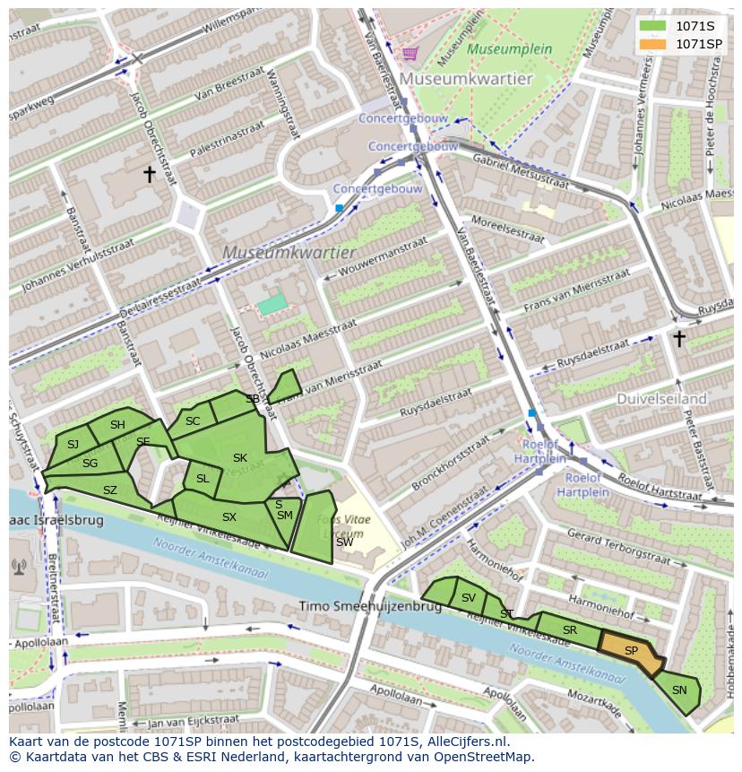 Afbeelding van het postcodegebied 1071 SP op de kaart.