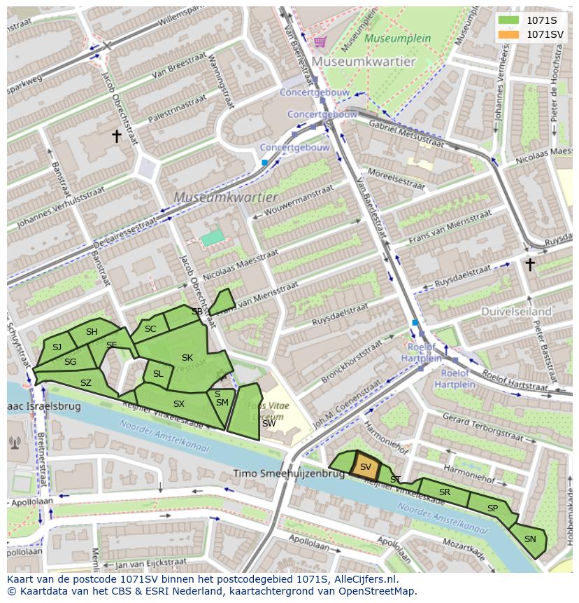 Afbeelding van het postcodegebied 1071 SV op de kaart.