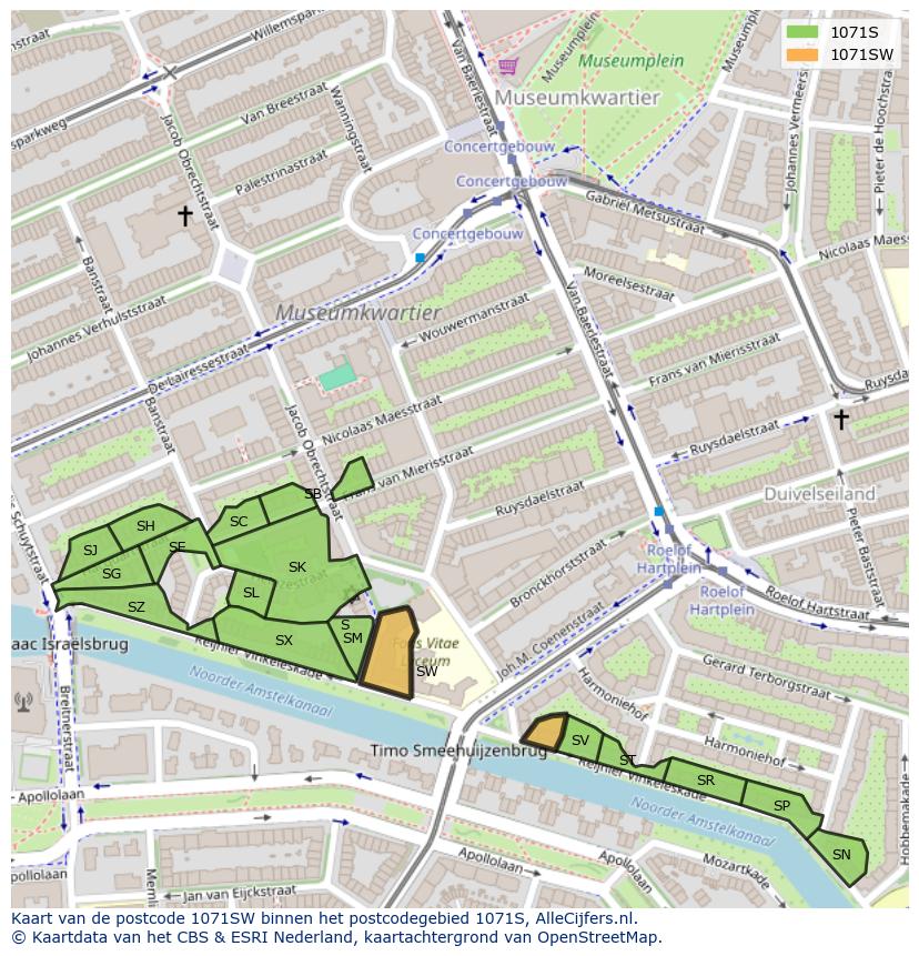 Afbeelding van het postcodegebied 1071 SW op de kaart.