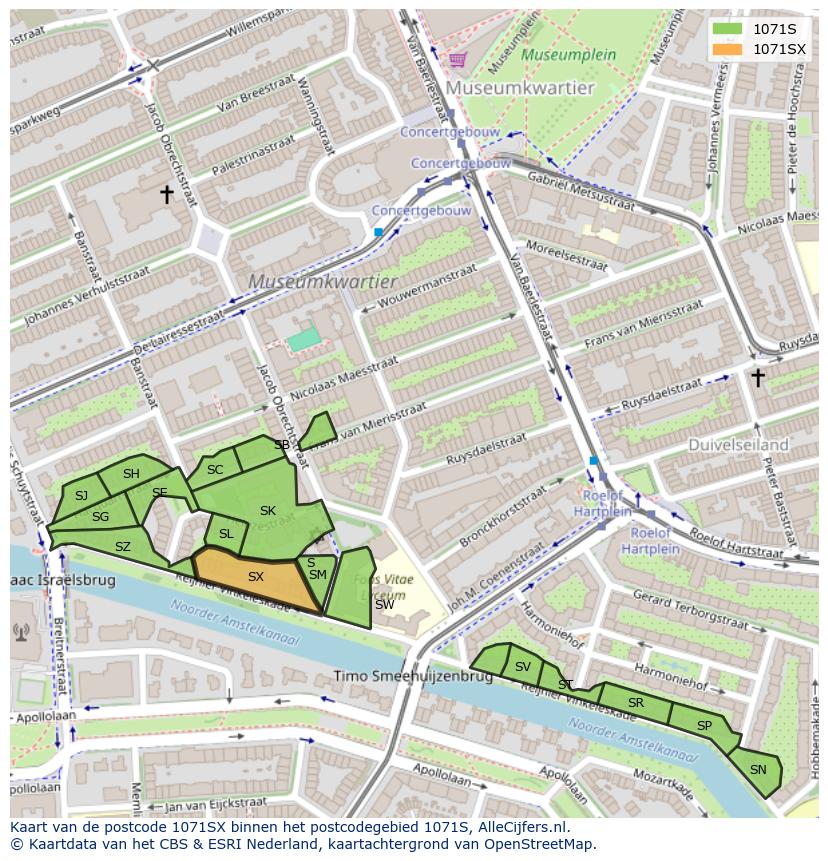 Afbeelding van het postcodegebied 1071 SX op de kaart.