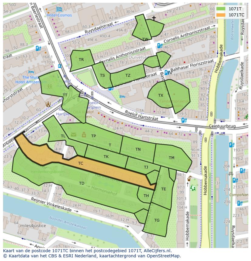 Afbeelding van het postcodegebied 1071 TC op de kaart.