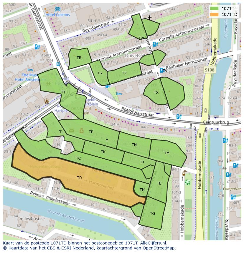 Afbeelding van het postcodegebied 1071 TD op de kaart.