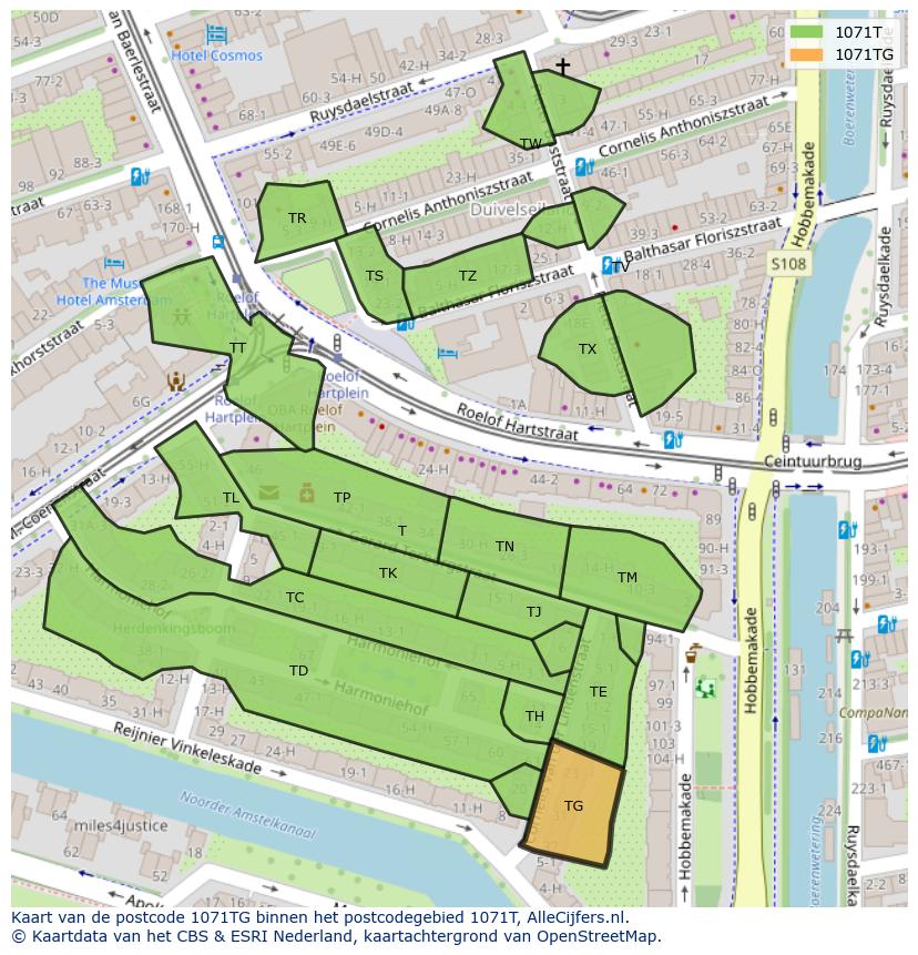 Afbeelding van het postcodegebied 1071 TG op de kaart.