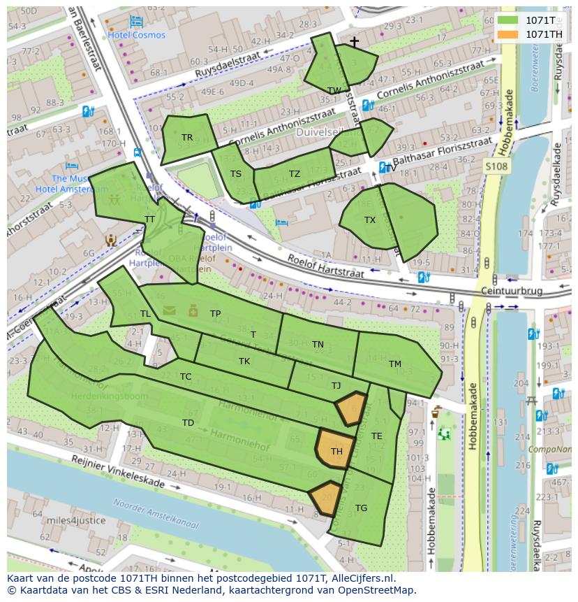 Afbeelding van het postcodegebied 1071 TH op de kaart.