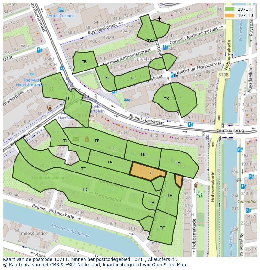 Afbeelding van het postcodegebied 1071 TJ op de kaart.