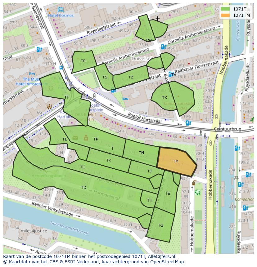 Afbeelding van het postcodegebied 1071 TM op de kaart.