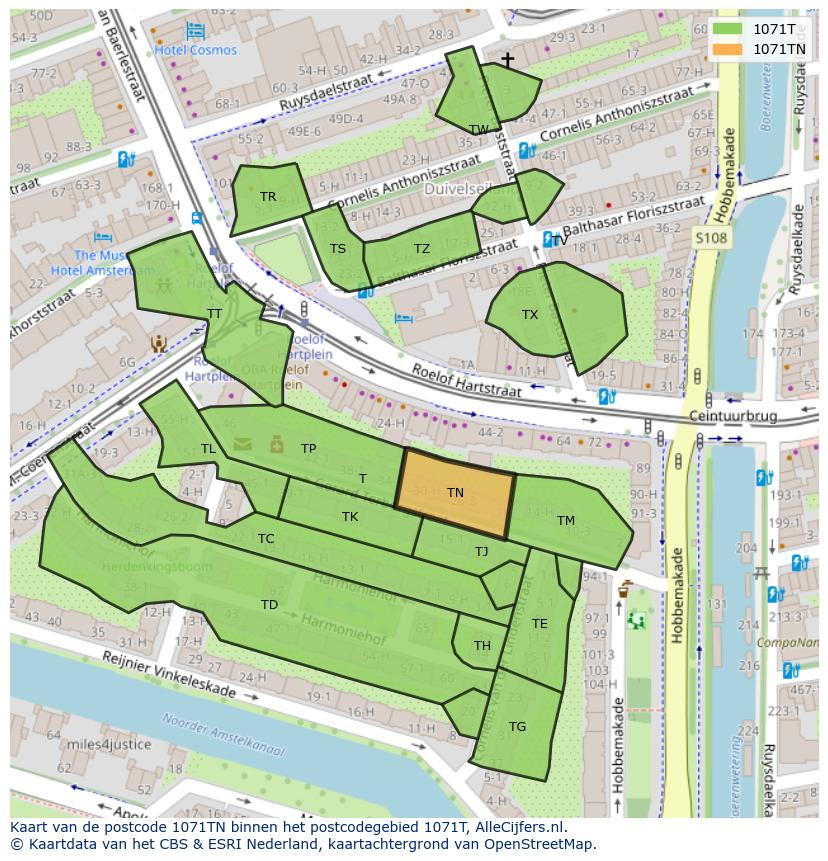 Afbeelding van het postcodegebied 1071 TN op de kaart.